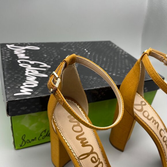 Sam Edelman Sz 10 Mustard Yellow Strappy Block Yaro Heel Satin Wedding Guest - Picture 3 of 9